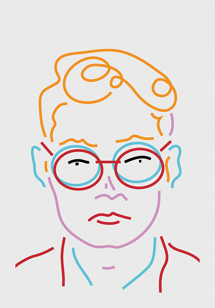 Line drawing of a person with glasses.