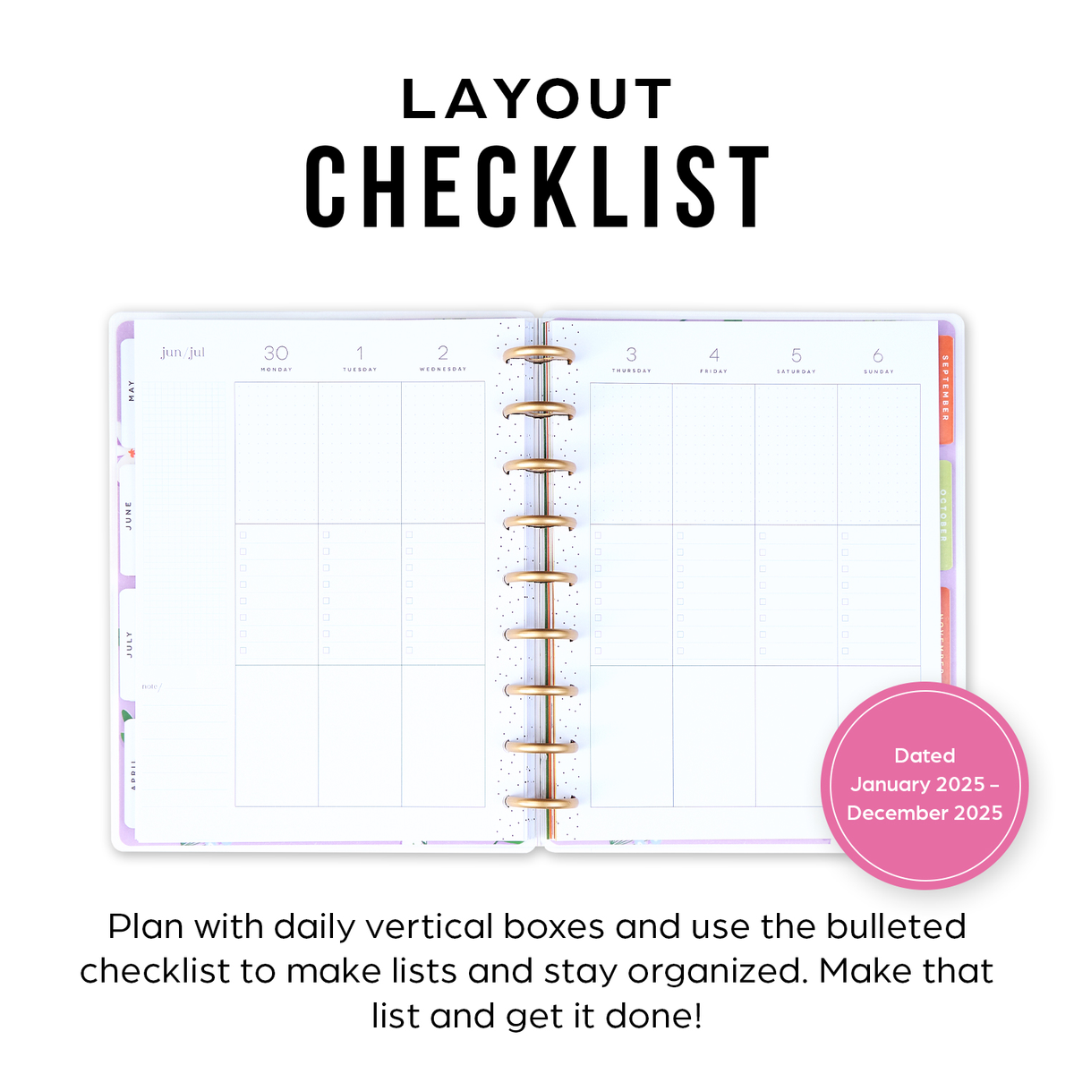 2025 Brilliant Blooms Planner - Classic Checklist Layout - 12 Months