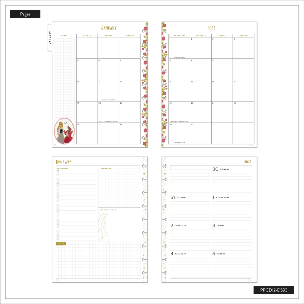 2025 Disney Sleeping Beauty 65th Anniversary Planner - Classic Dashboard Layout - 12 Months