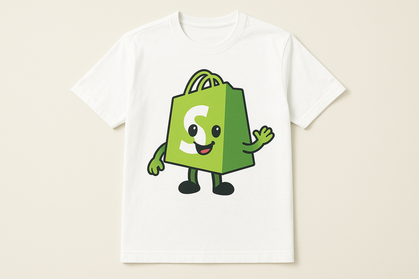 T-shirt with Shopify's mascot printed on the front