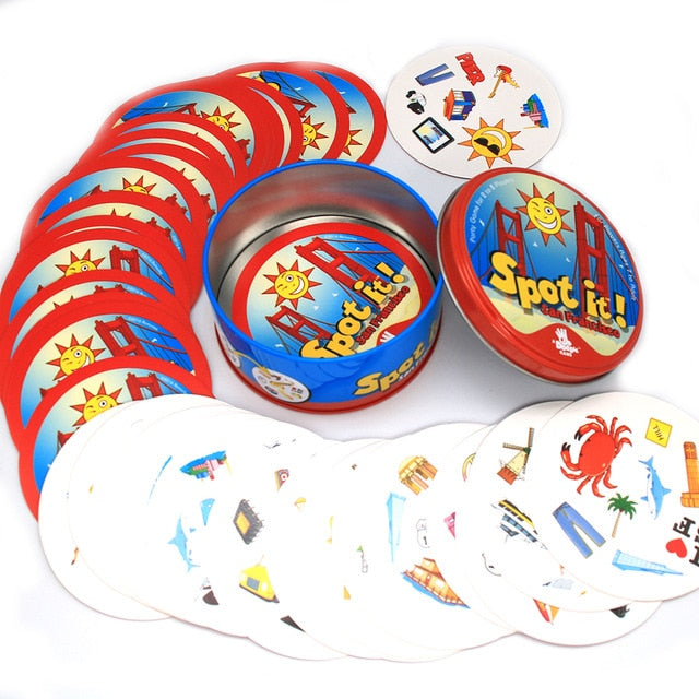 20 Dobble Spot It Toy Iron Box 55 Cards Sport Fun Family Animals Jr Hip Kids Board Game Gift Holidays Camping 123 Tin Can